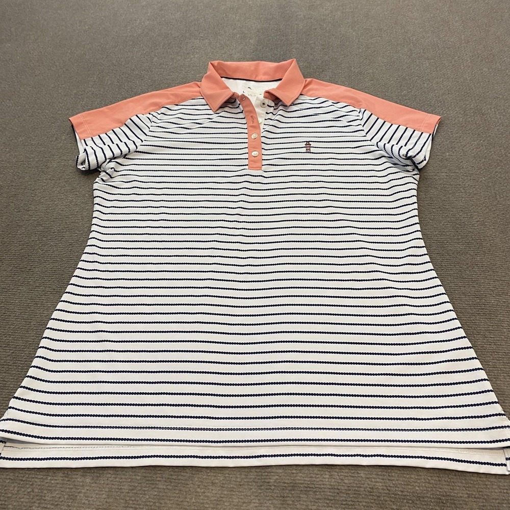 Peter Millar Polo Shirt Mens Large White Navy Stripe Lighthouse Golf Stretch UPF